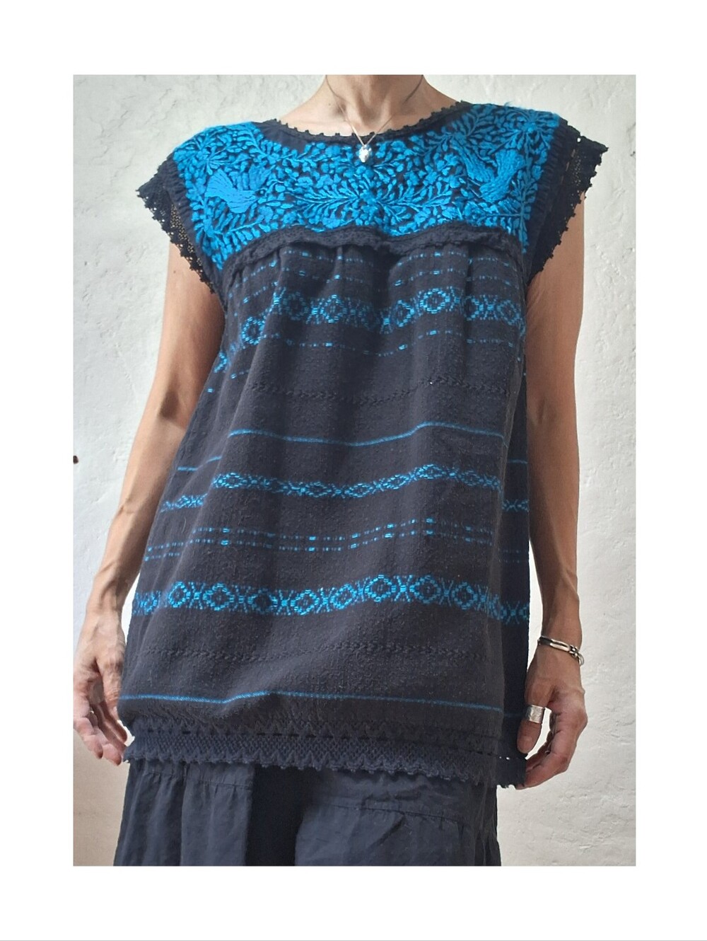 Vintage Mexican Huipil Blouse Oaxacan Hand Embroidered Manta Boho Indigo Black
